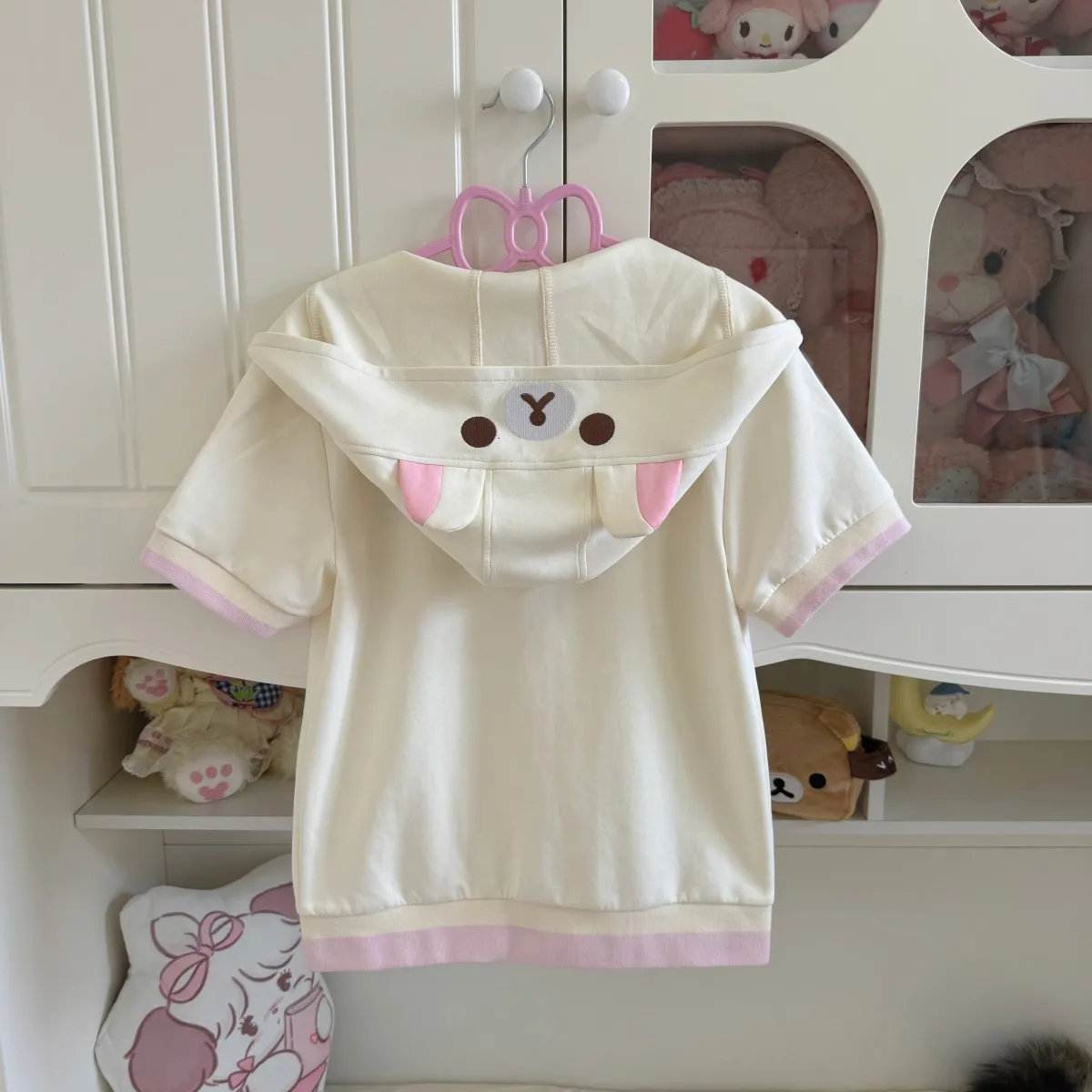 Bear Embroidered Short Sleeve Top Japanese Style Cute Soft Girl Summer Hooded Short Sleeve Zipper Jacket Women Slimming Top