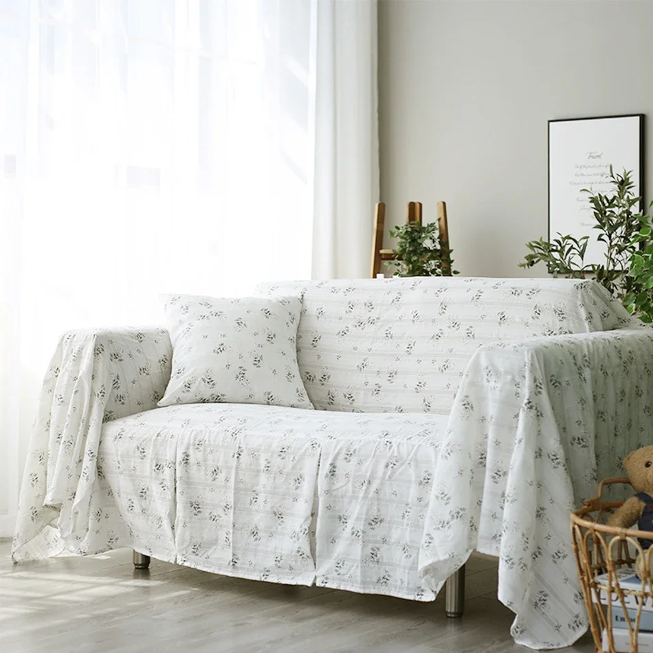 Korean-style Cotton Sofa Cover Blanket Sofa Towel  White lilacs for Living Room Furniture Decor Tapestry Couch Cover in Spring 2