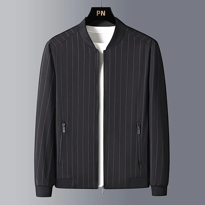 

Spring Autumn Men's Jacket Fashion Business Casual Loose Versatile Vertical Striped Print Baseball Collar Long Sleeve Top Coat