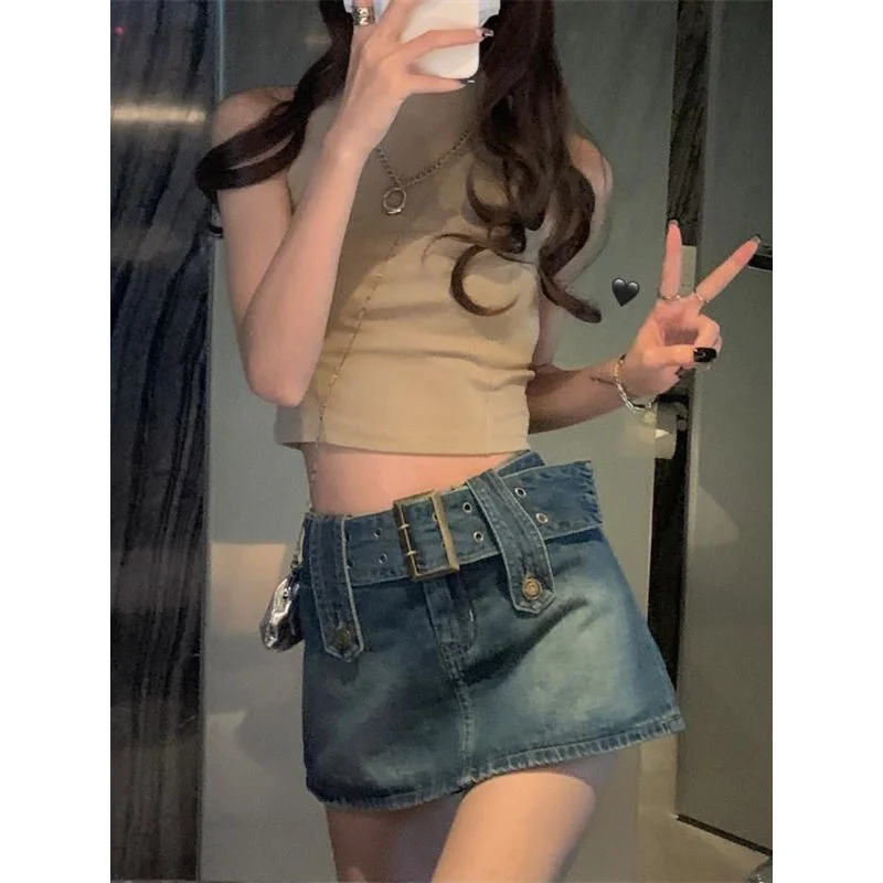 

2023 American New Retro Street Spice Women's Denim Skirt Y2K Fashion Sexy Joker Loose High Waist Pocket Hip A Word Skirt Pants