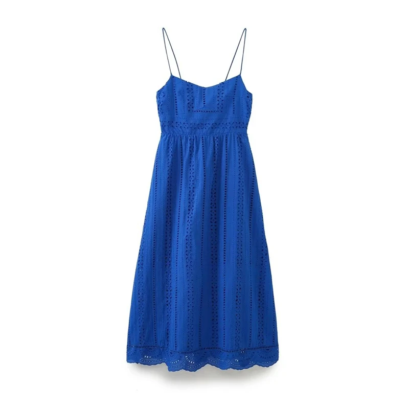 

2023 Summer New Women's Clothing Sexy Backless Fashion Blue Hollow Embroidery Waist Loose Suspender Dress