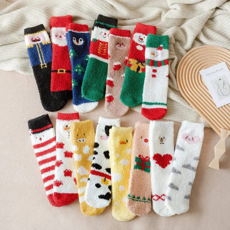 

Winter Coral Velvet New Year Christmas Socks Plus Velvet Thickening Warm Female Lovely Home Moon Sleeping Plush Socks