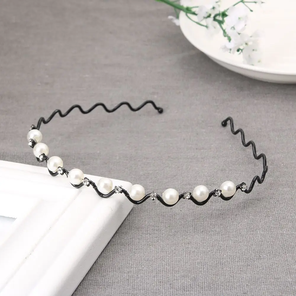 Rhinestone Bling Headband Head Chain Wedding Jewelry Pearl Crystal Wave Hairband Black Silver for Women Headwear Metal