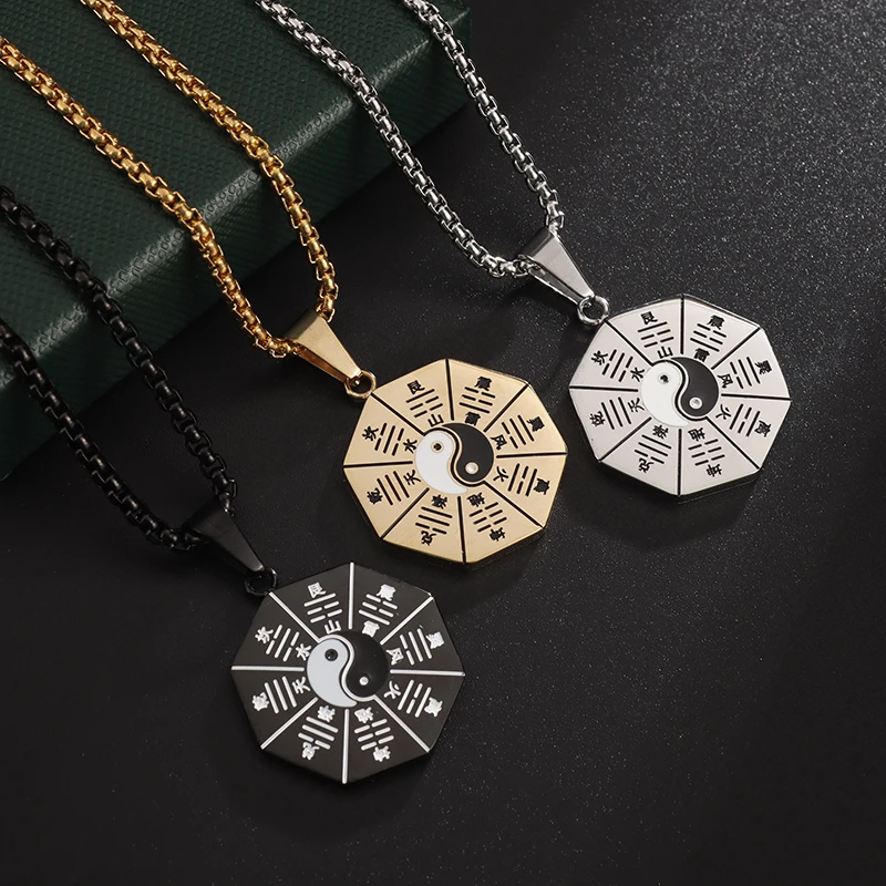 

Classic Fashion Stainless Steel Tai Chi Eight Character Pendant Necklace Men Ladies Hip Hop Rock Trend Motorbike Jewelry