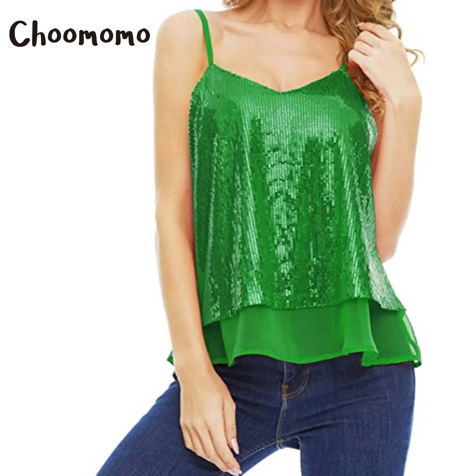 

Choomomo Womens Sleeveless V Neck Crop Tops Chiffon Lining 2 Layers Fashion Sparkling Sequins Camisole Straps Clubwear Vests