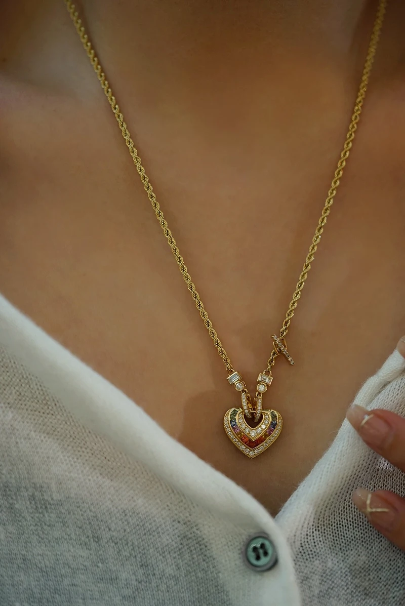 KUGG 18K Yellow Gold Necklace Romantic Rianbow Heart Shape Real Natural Aquamarine Pendant Luxury Diamond Jewelry for Women