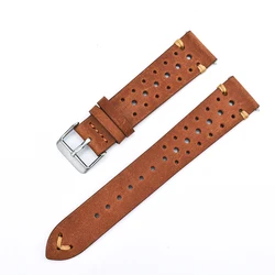 Vintage Style Handmade Genuine Leather Watch Strap - Soft, Stitched Rally Design - 22mm (Brown)