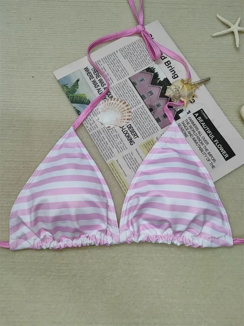 2025 Sexy Holiday Beach Style High-value Pink and White Striped Printed Swimsuit Bikini Babes Hot Spring Vacation Ins Girl 3