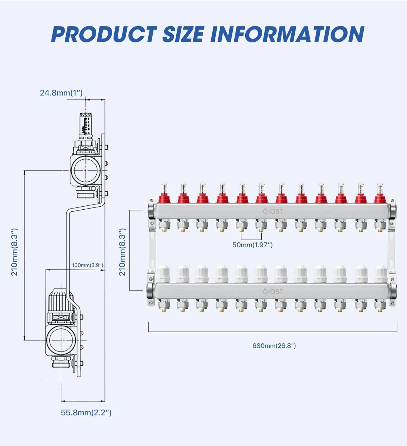 12-Branch Manifold, Stainless Steel Floor Heat Manifold Kit with 1/2" Adapters Included