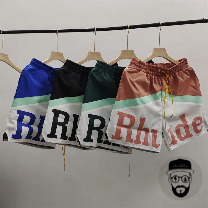 

Contrast color patchwork letter print RHUDE shorts basketball sport drawstring men's shorts gym shorts