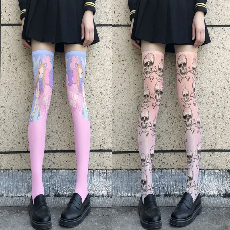 

Printed Silk Socks Thin Women'S Cute Anime Knee Length White Socks Lolita Accessories Korea Japan