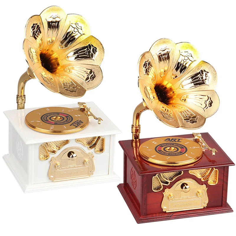 Gramophone Drawer Music Box Figurine Jewelry Box Hand Carousel Music for Home Decoration Wedding Birthday Gift