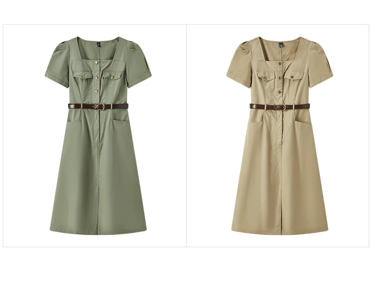 Dress Women Square Neck Split Midi Dress Summer New Salt-Washed Utility Dress With Vintage Vibes