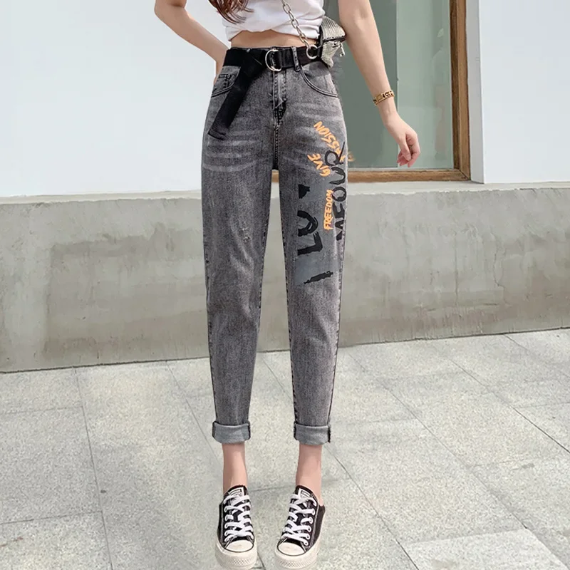 Free Belt Women Korean fashion  Letter Print Jeans Spring Autumn High Waist Slim Pencil Pants 2024 Woman Plus Size Grey Jeans