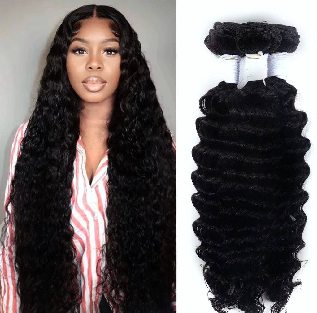 10-40 Inch Natural Black Deep Wave Human Hair Bundles For Extensions 1/3/4 Bundles Raw Hair Double Weft Remy Human Hair Bundles — Color: Natural Black / Material Grade: Remy Hair / Stretched Length: 26 28 30