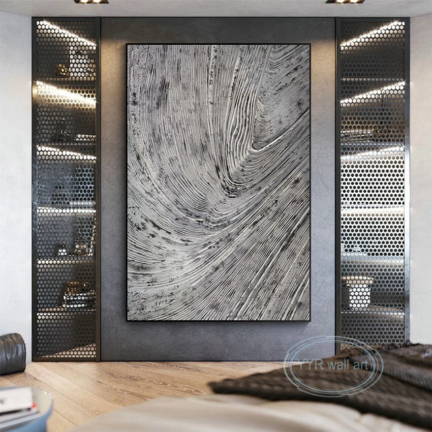 

Modern Wall Art Canvas Poster Hand Drawn Abstract Grey Ripple Decor Oil Painting Acrylic Unframed Mural for Living Room Bedroom