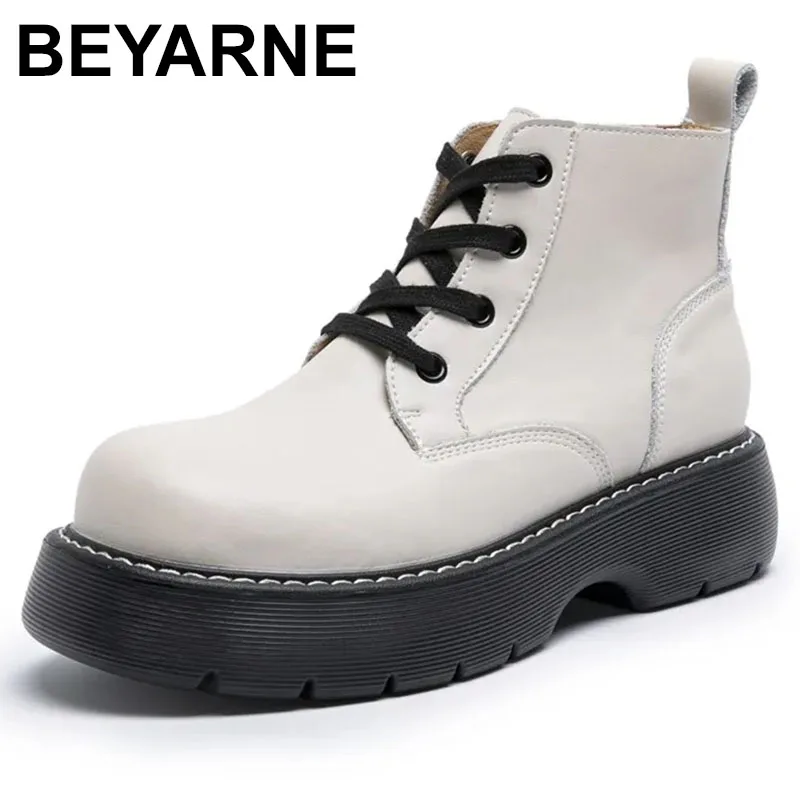 

Women Booties 2023 New Retro Thick Sole British Style Genuine Leather Women Ankle Boots Big Head Lace Up Women Marton Boots