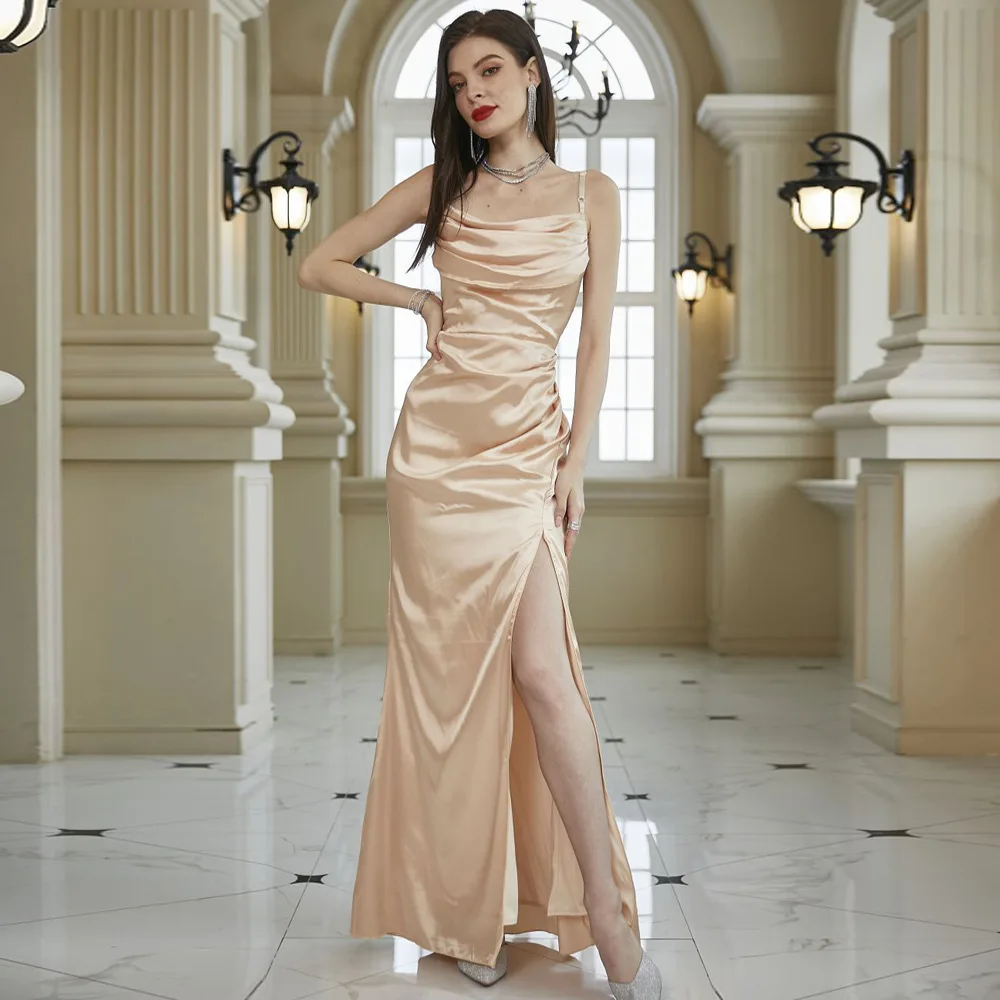 

Cutubly 2023 Elegant Satin Evening Dresses Women Sexy Pleated Spaghetti Strap Robe Champagne Bridesmaid Dress For Wedding Guest