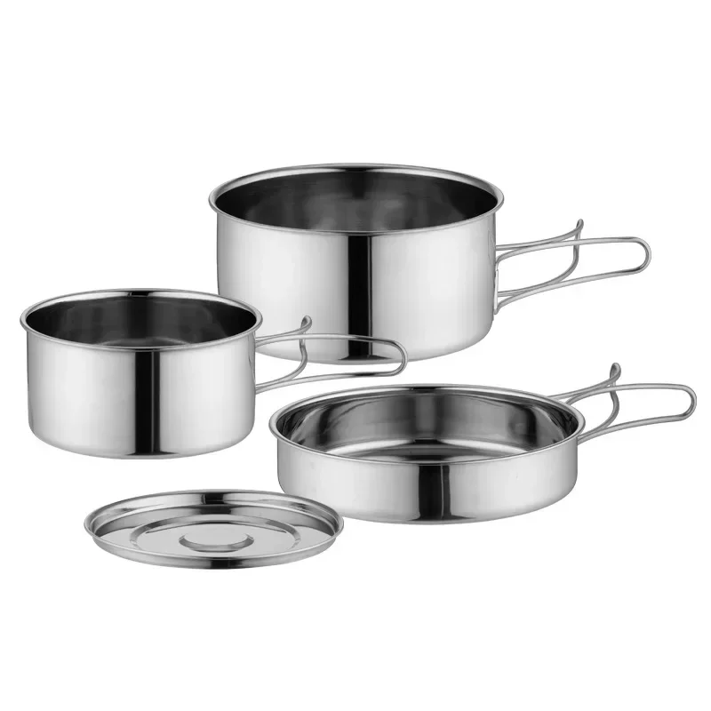 Outdoor Cookware Set Camping Stainless Steel Pot Portable Folding Handle Frying Pan Plate Picnic Cookware Outdoor Supplies
