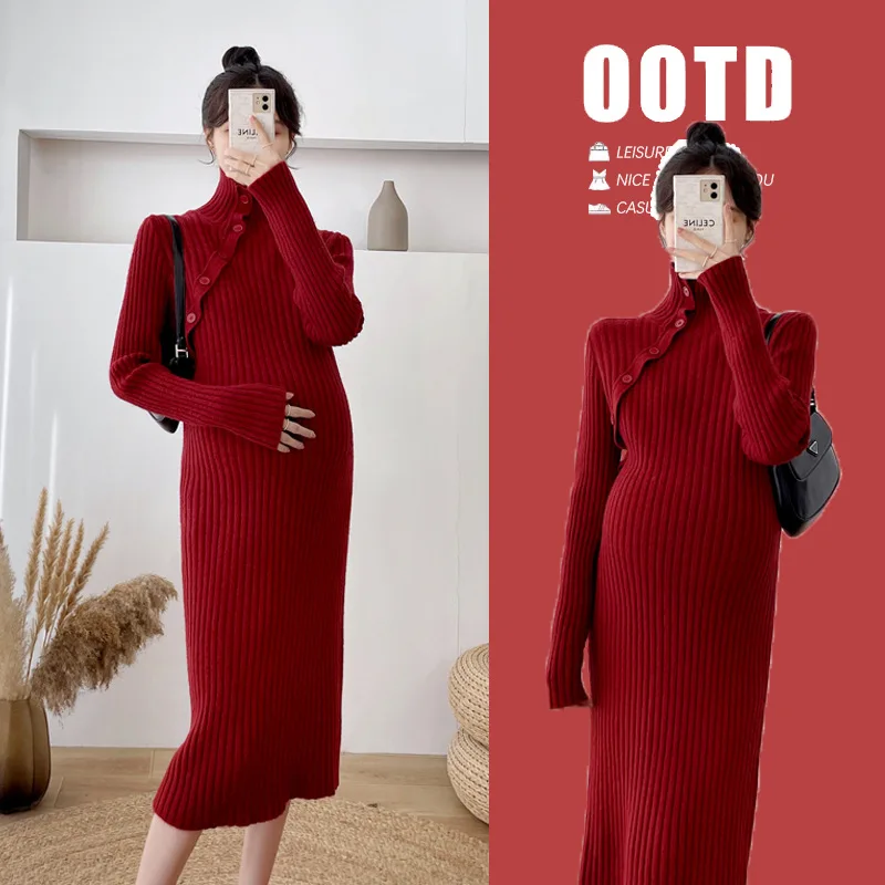 

Maternit Solid Slim Knit Dress New Spring Autumn Fashion Clothes For Pregnant Women Fashion Sexy Hight Neck Pregnancy Dresses