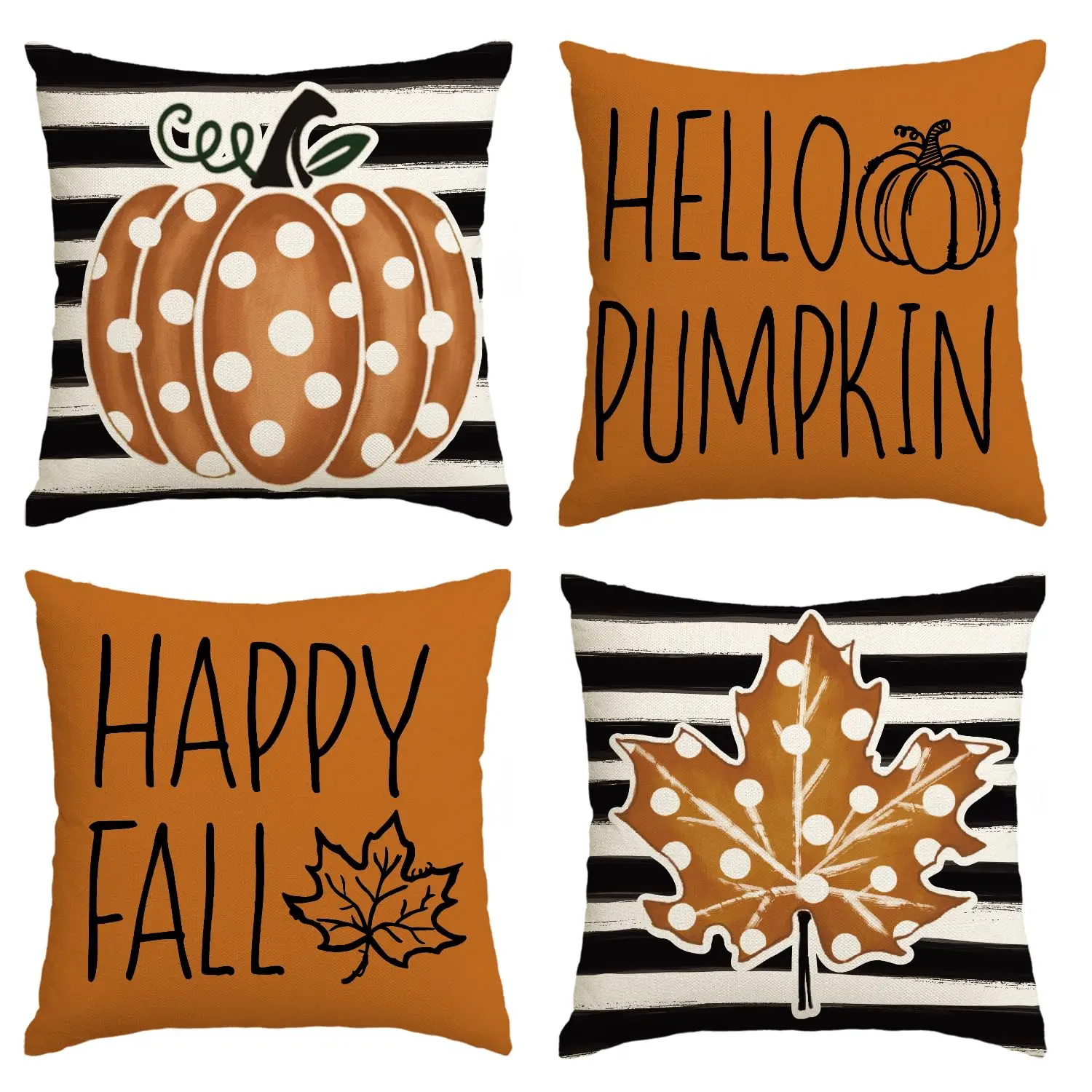 Happy Fall Hello Pumpkin Throw Pillow Covers,Autumn Thanksgiving Harvest, Polka Dot, Maple Leaf Decorations for Sofa, Set of 4