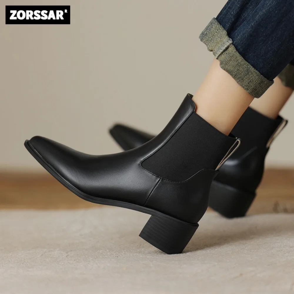 

Pointed toe Chelsea Women Ankle Boots High heel Shoes Female Stylish Genuine Leather Modern Boots Winter Warm Plush Woman Shoes