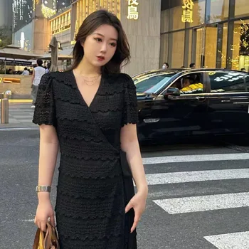 여성용 오버사이즈 팻 mm 티 브레이크 프렌치 롱 드레스, 슬림하고 우아한 여신 라센 시리즈 드레스, 패션 스타일 등장