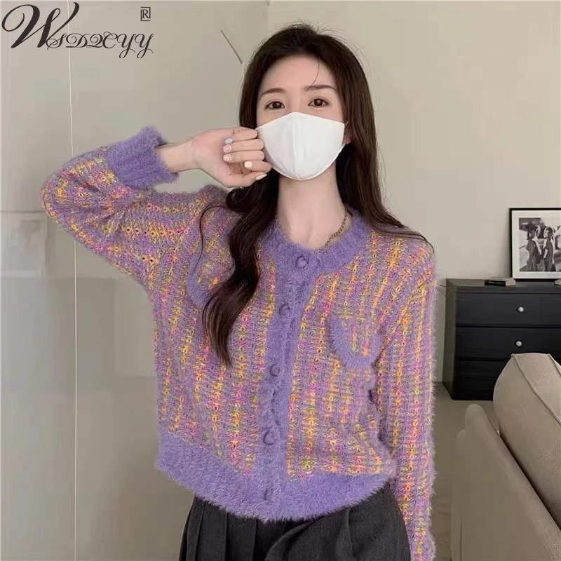

Korean Print Knitted Cardigans Coat Women Sweet Long Sleeve Cropped Sweater Top 2023 All-Match Round Neck Imitation Mink Jacket