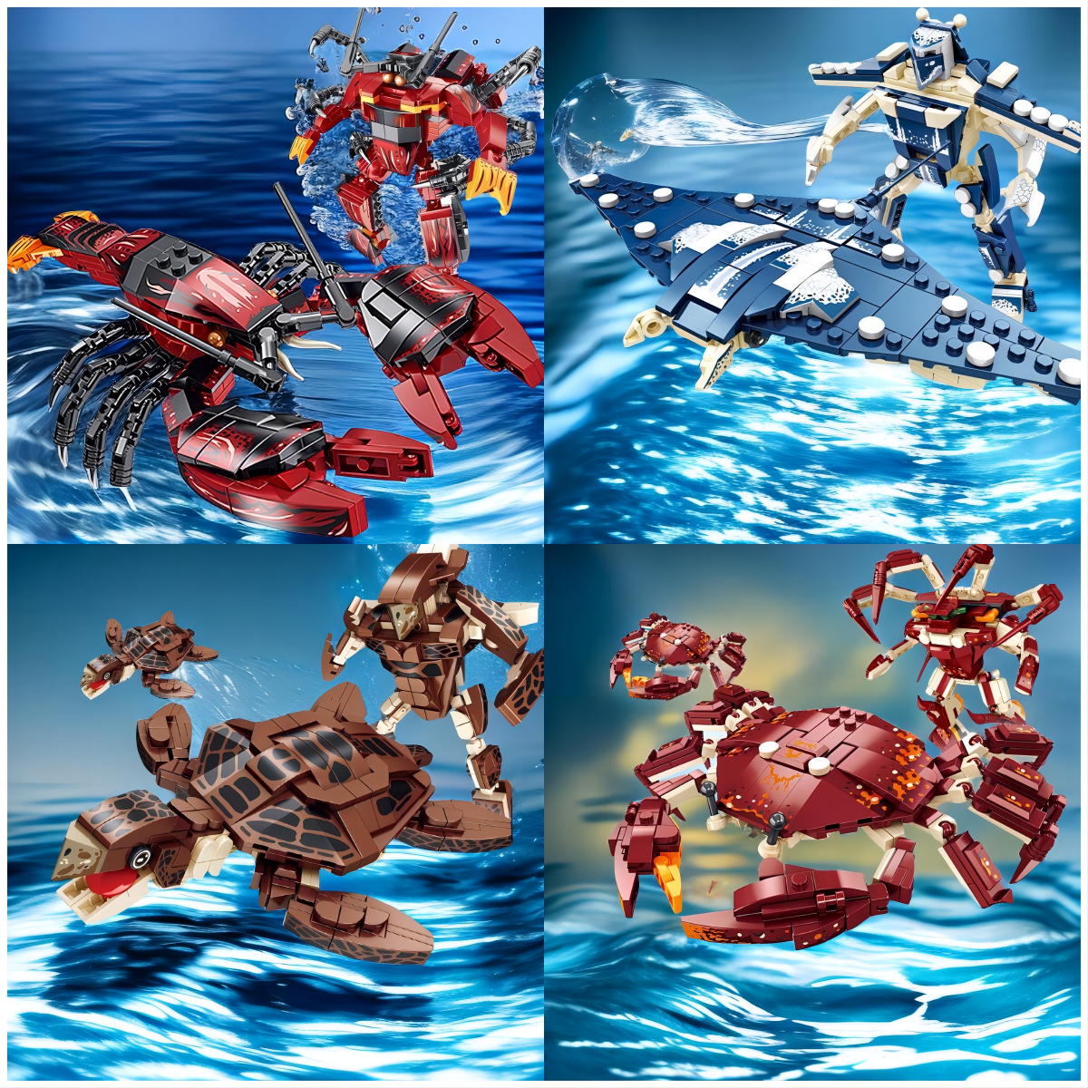 2in1 Technical Building Block Marine Organism Deformation Robot MOC Ocean Shark Turtles Whales Dolphins Crab Model Kids Toys