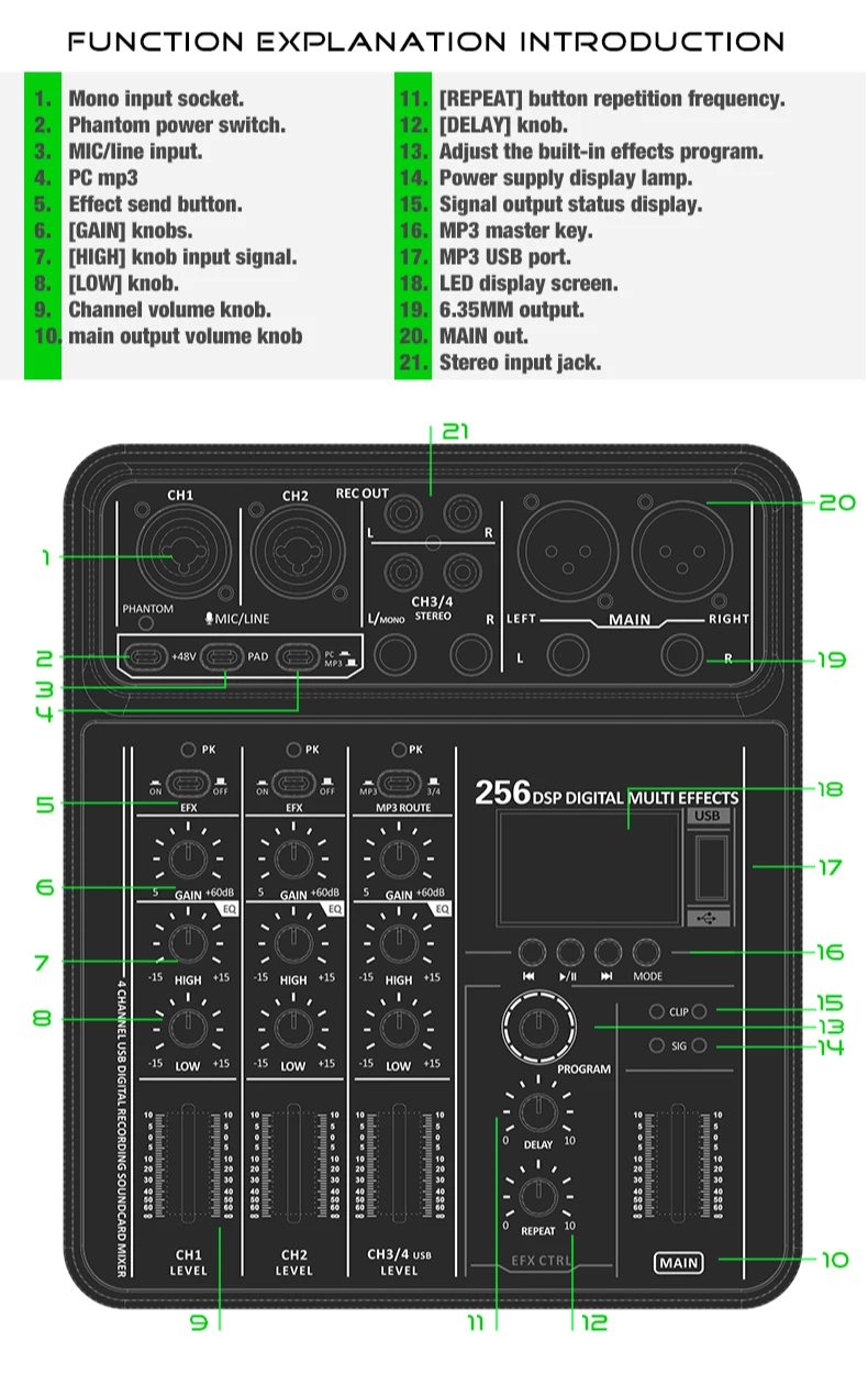 Audio Interface Mixer with Bluetooth USB Recording Computer 48V Phantom Power De