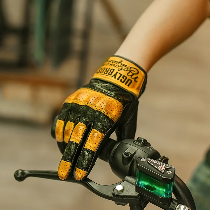 כפפות מוטורסיקלטה אמיתיות מעור עזים אוניברסליות לאביב ולסתיו, כפפת רכיבה למוטוקרוס רטרו, כפפות מוטורסיקליסט מגע