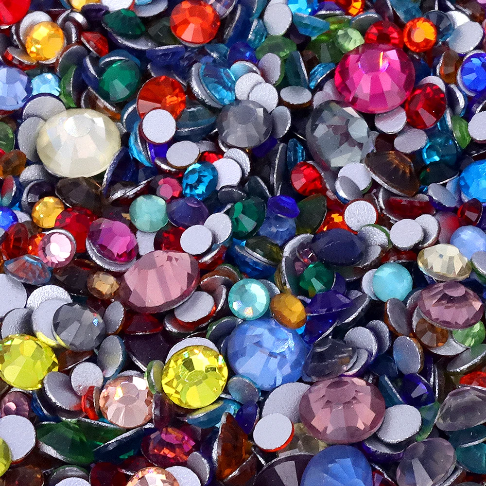 멀티 컬러 1440개 믹스 사이즈 원형 유리 플랫백 라인스톤 글리터 접착식 스톤 논핫픽스 라인스톤 DIY 네일아트용