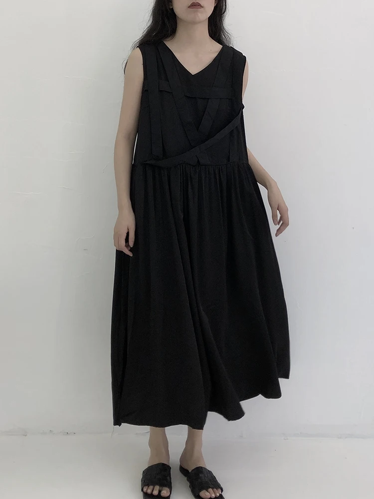 

Женское платье без рукавов, летнее Повседневное платье с V-образным вырезом и черной нескользящей юбкой, однотонная Повседневная простая большая юбка