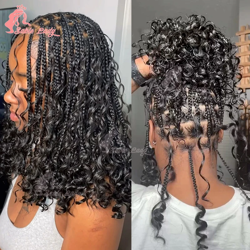 Boho Bob Braided Wigs for Black Women Synthetic Knotless Box Braids Wig Goddess Curly Full Lace Front Wigs Cornrows Braiding Wig