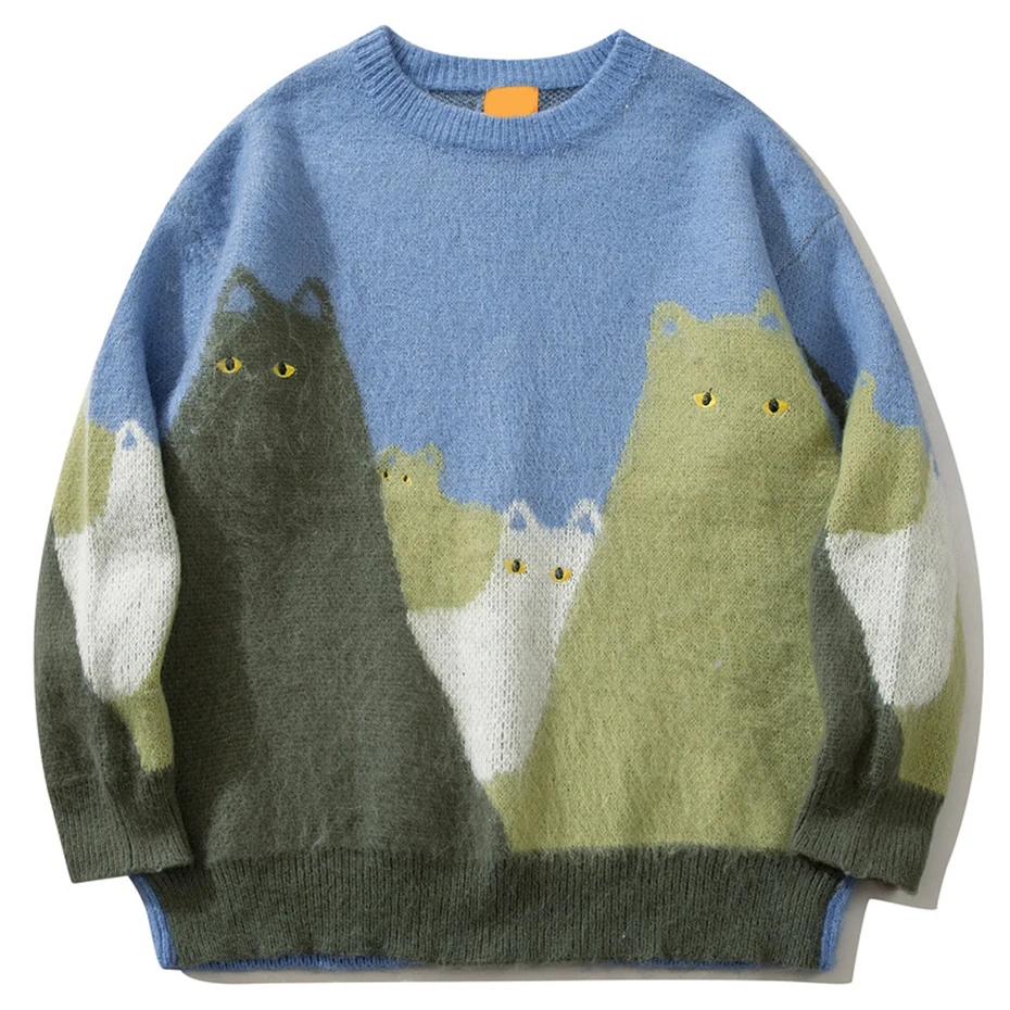 Cat Graphic Knitted Sweater Men Oversized Hip Hop Streetwear Hip Hop Pullover Sweaters Black Loose Casual Sweaters Jumper 3