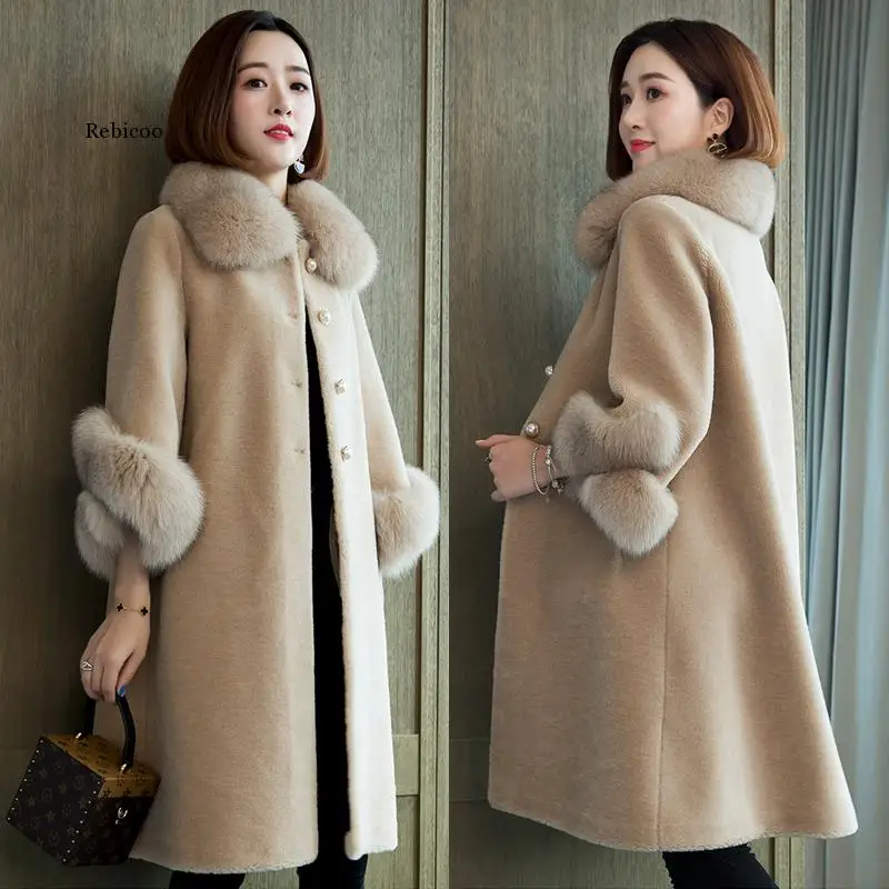 

Женское зимнее пальто из имитации овечьей шерсти, длинное пальто из искусственного лисьего меха на воротнике, свободное шерстяное меховое пальто большого размера