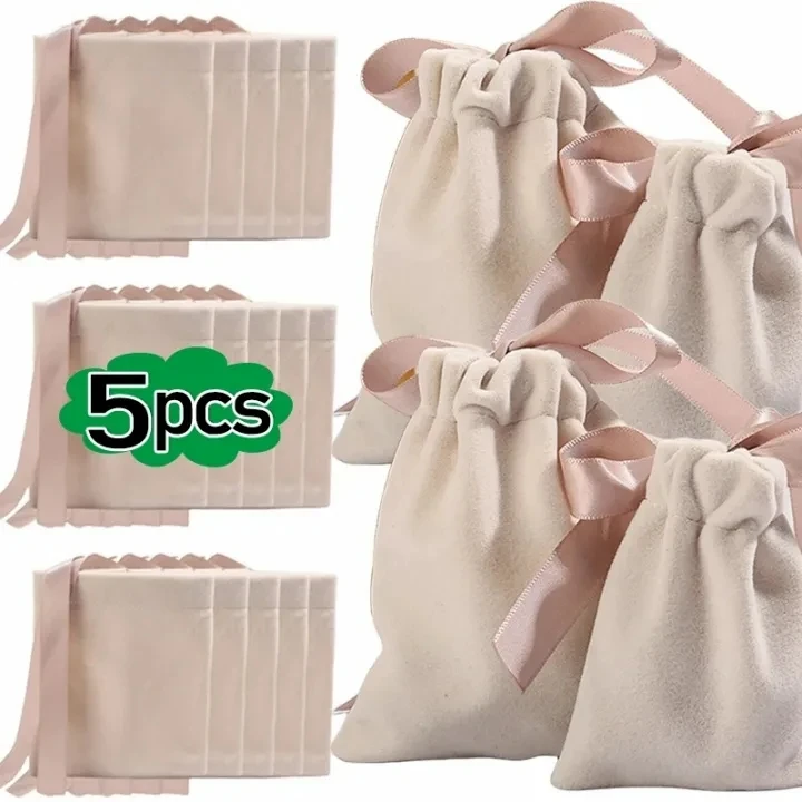 

5pcs Beige Velvet Jewelry Packaging Pouches Bags Small Gift Ribbon Drawstring Bags Necklace Bracelet Earrings Storage Bag
