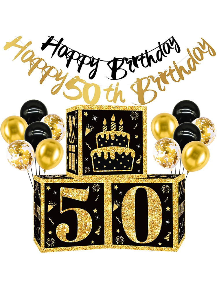 50. Geburtstags-Dekorationsschachtel für Männer und Frauen, Partyzubehör, Gastgeschenk mit schwarzem Gold, alles Gute zum 50. Geburtstag, Banner, Ballon, Karton – Detail 1