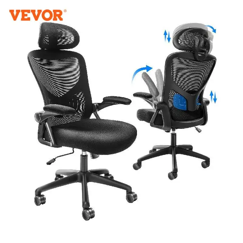 VEVOR Silla de Oficina Ergonómica Soporte Lumbar Ajustable y Reposacabezas Silla de Oficina Reclinable Carga 130 Kg Cómodo Asiento Grueso Base Ancha con Ruedas Giratorias para Oficina en Casa, Negro