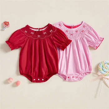 Cathery Kids Baby Girls Summer Jumpsuits Casual Bow Embroidered Short Sleeve Newborn Romper fors Toddler Cute Clothes Bodysuits 1