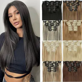 Clip sintetiche nelle estensioni dei capelli Acconciatura lunga e diritta Posticci biondi neri Capelli finti resistenti al calore Uso quotidiano
