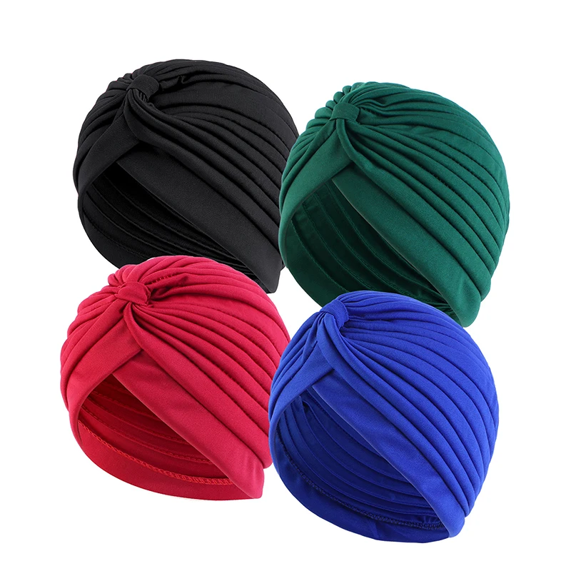 

4pcs/lot New Women Knotted Style Turban Solid Color Hat Ladies Ruffle Turban Wrap Care Hair Soft Chemo Cap Hijab Bonnet Headwear