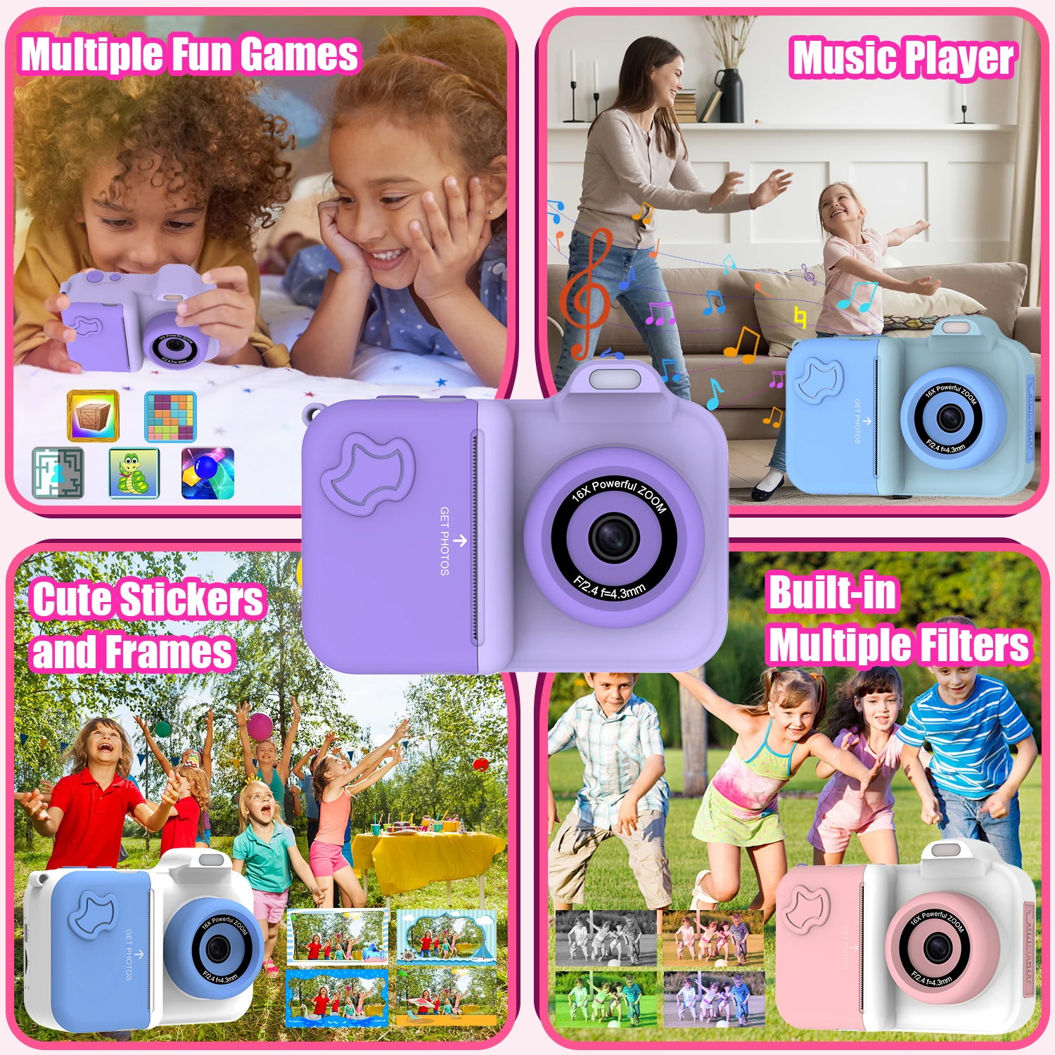 Instant Print Camera For Kids Mini Digital Video Camera Dual Lens Photo Printing Thermal Paper Toys Boys Girls Gifts
