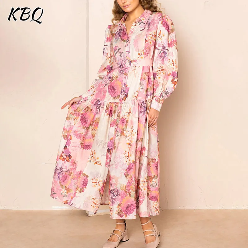 

KBQ Solid Elegant Spliced Belt Dress For Women Lapel Long Sleeve Tunic Patchwork Folds Formal Dresses Female Fashion Clothing