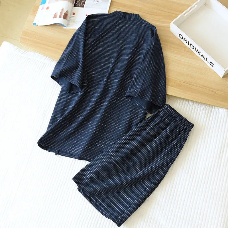 100% Cotton Summer Men Pajamas Japanese Kimono 2 Piece Set Nightwear Simple Sleepwear Suit Pijama Loungewear pajama sets