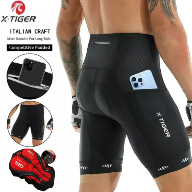 Cycling Shorts X-TIGER Men Cycling Shorts with Back Pocket Gel Padded Breathable MTB Bike Shorts
