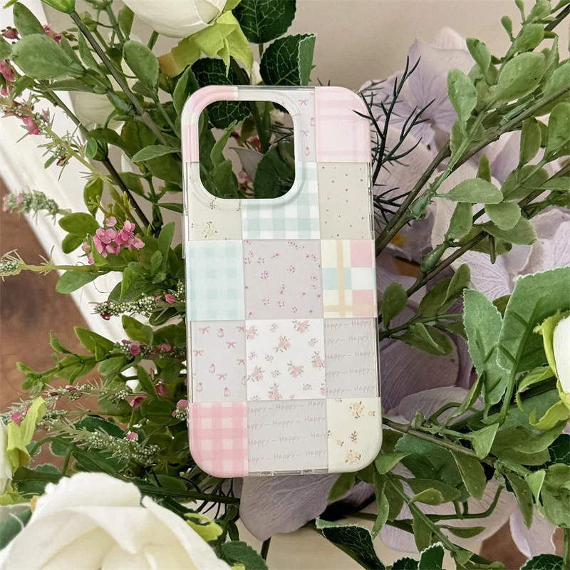 Chic Floral Grid Phone Case with Holder Attachment
