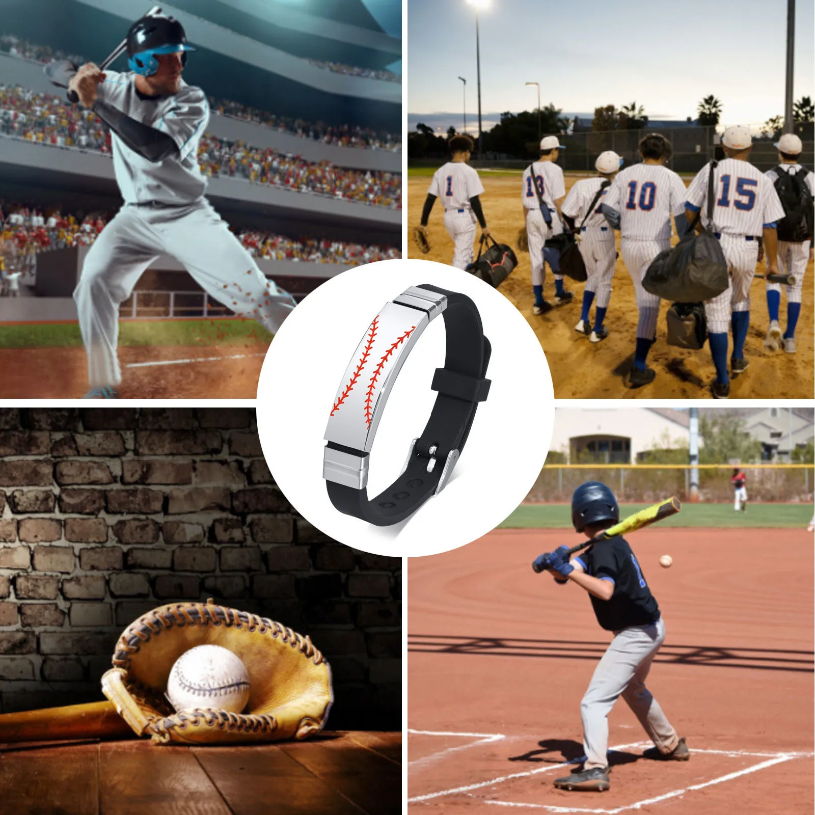 Men's Casual Sport Baseball Silicone Bracelets, Stainless Steel ID Bar with Black Rubber Bands Wristband, Length Adjustable