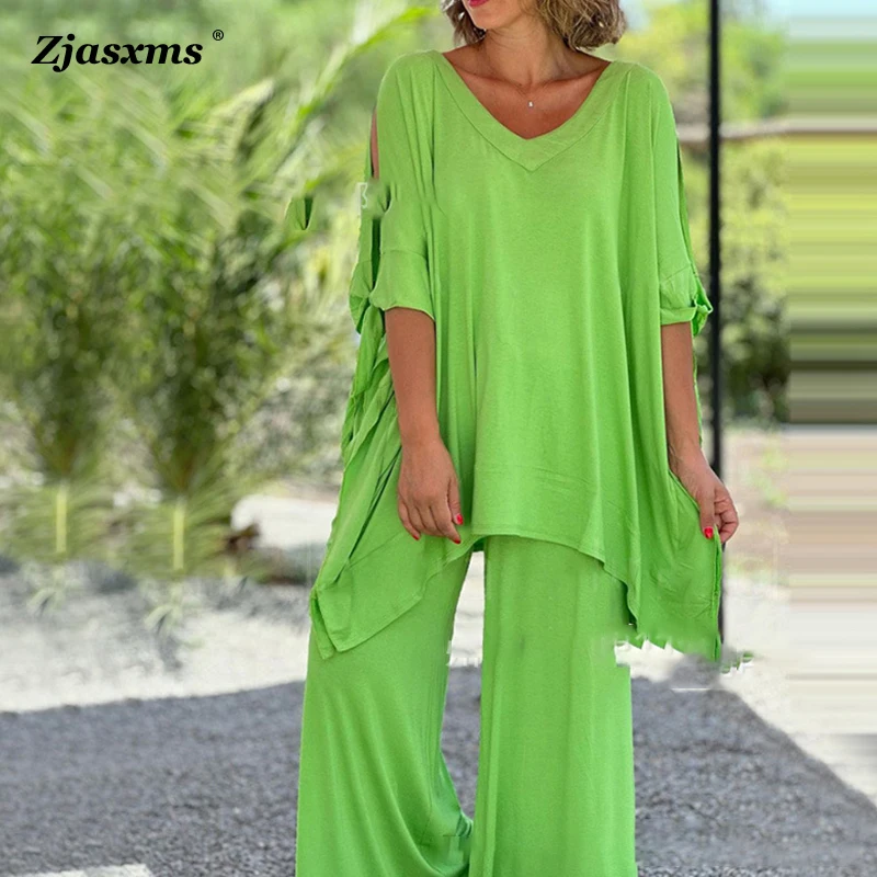 

Vintage Spring Solid Loose Two Piece Set Harajuku Lady Office Outfit 2023 Summer V Neck Hollow Sleeve Top & Wide Leg Pants Suits