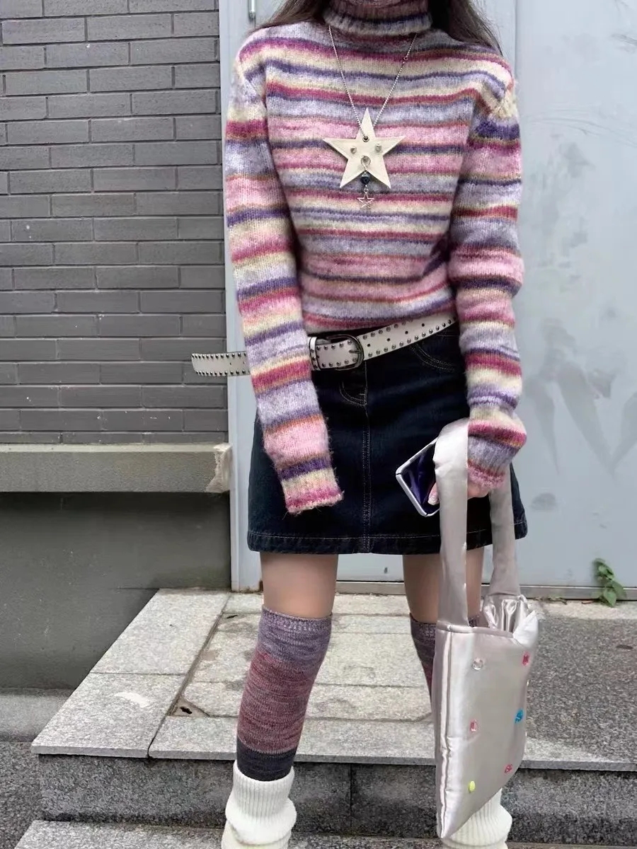 Karrram Japanese Y2k Turtleneck Sweater Vintage Rainbow Striped Pullover Korean Fashion Knitted Jumper Harajuku Grunge Knitwear